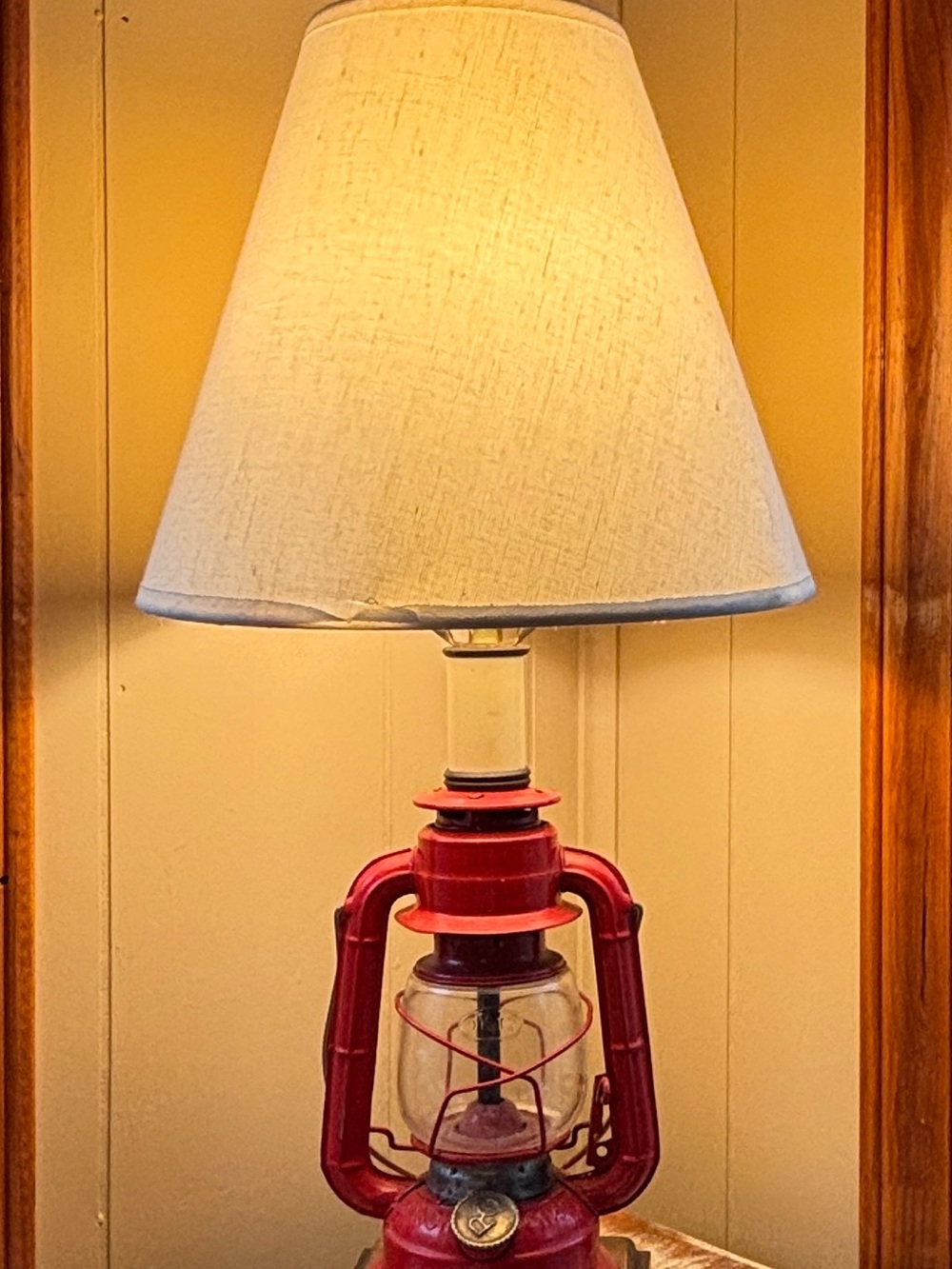Vintage 70’s Red Lantern-Style Table Lamp with Cream Shade